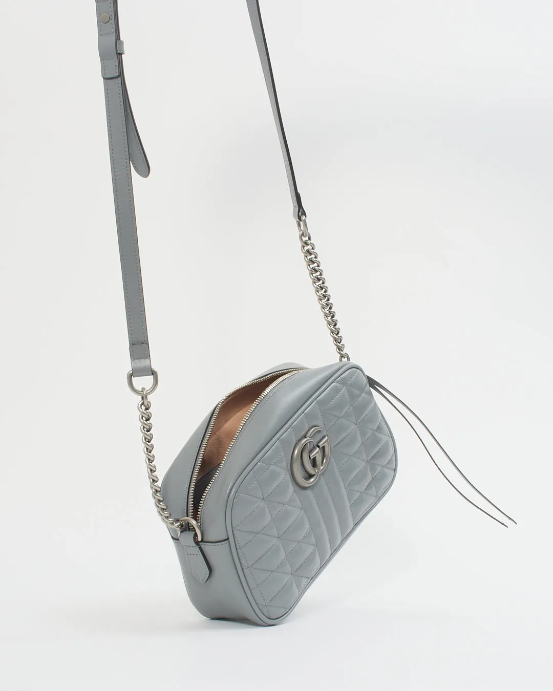 Gucci Grey Leather Marmont Matelasse Small Shoulder Bag