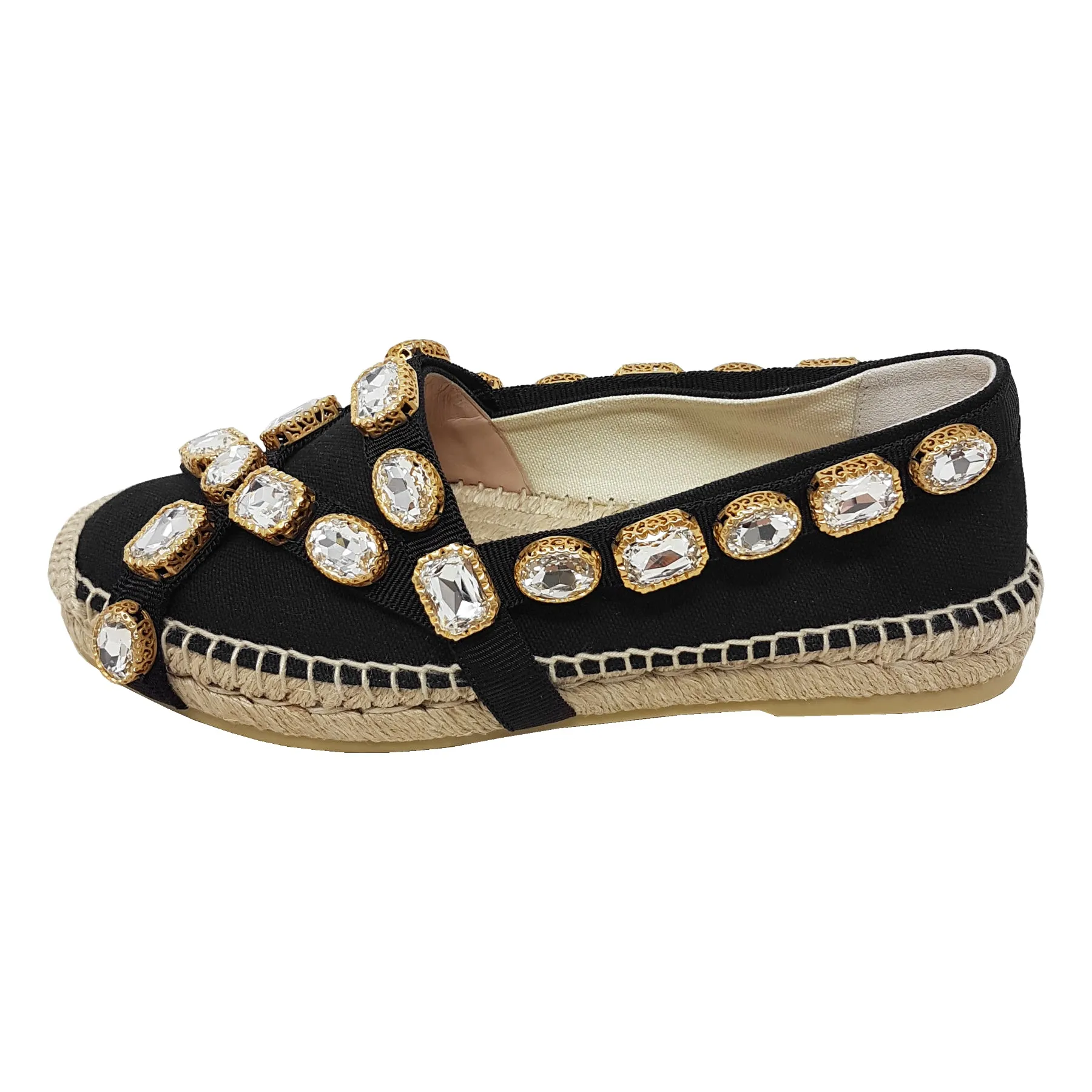Gucci Shoes Black Fabric Crystal Embellished Round Toe Pepita Espadrille Flats Size EU 36.5