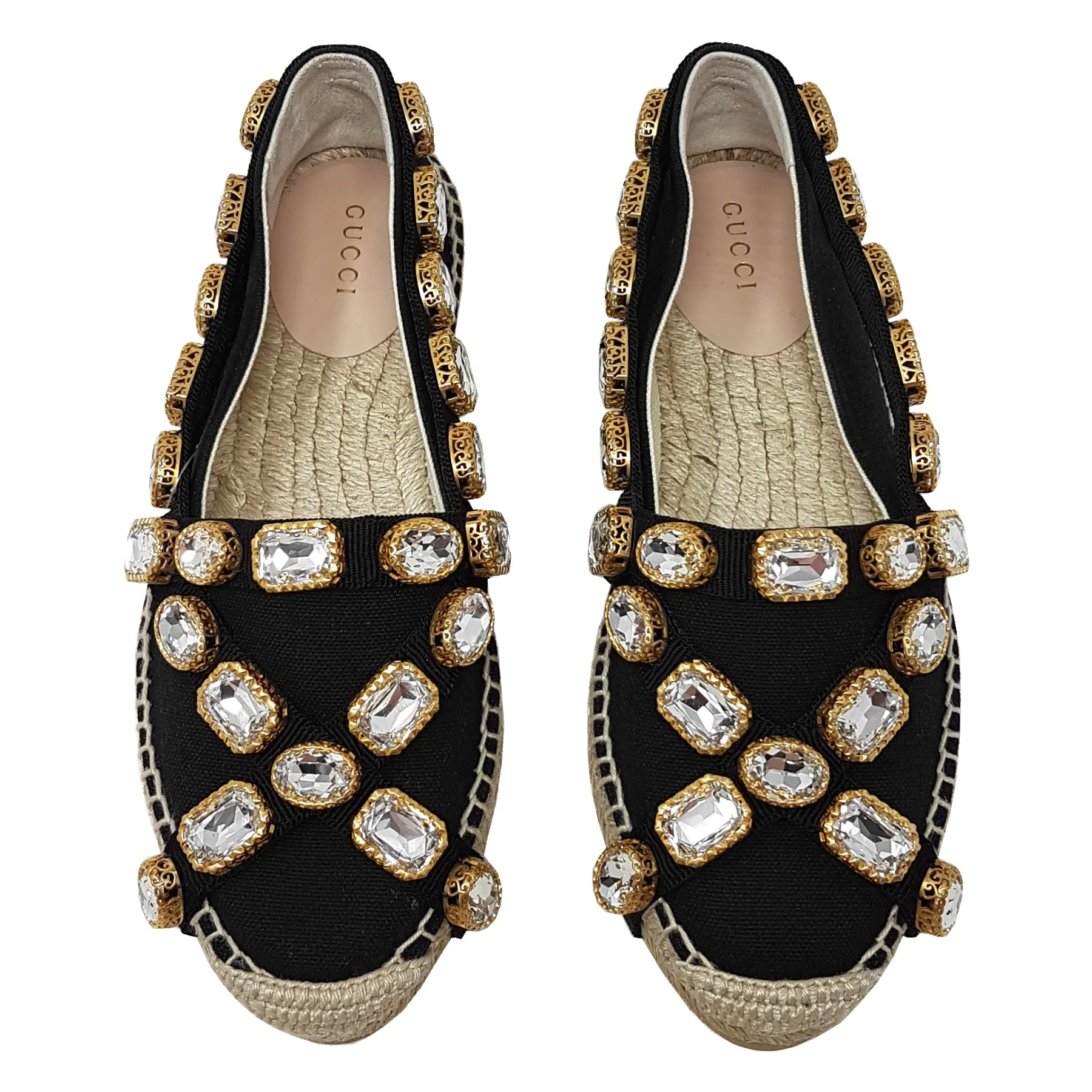 Gucci Shoes Black Fabric Crystal Embellished Round Toe Pepita Espadrille Flats Size EU 36.5