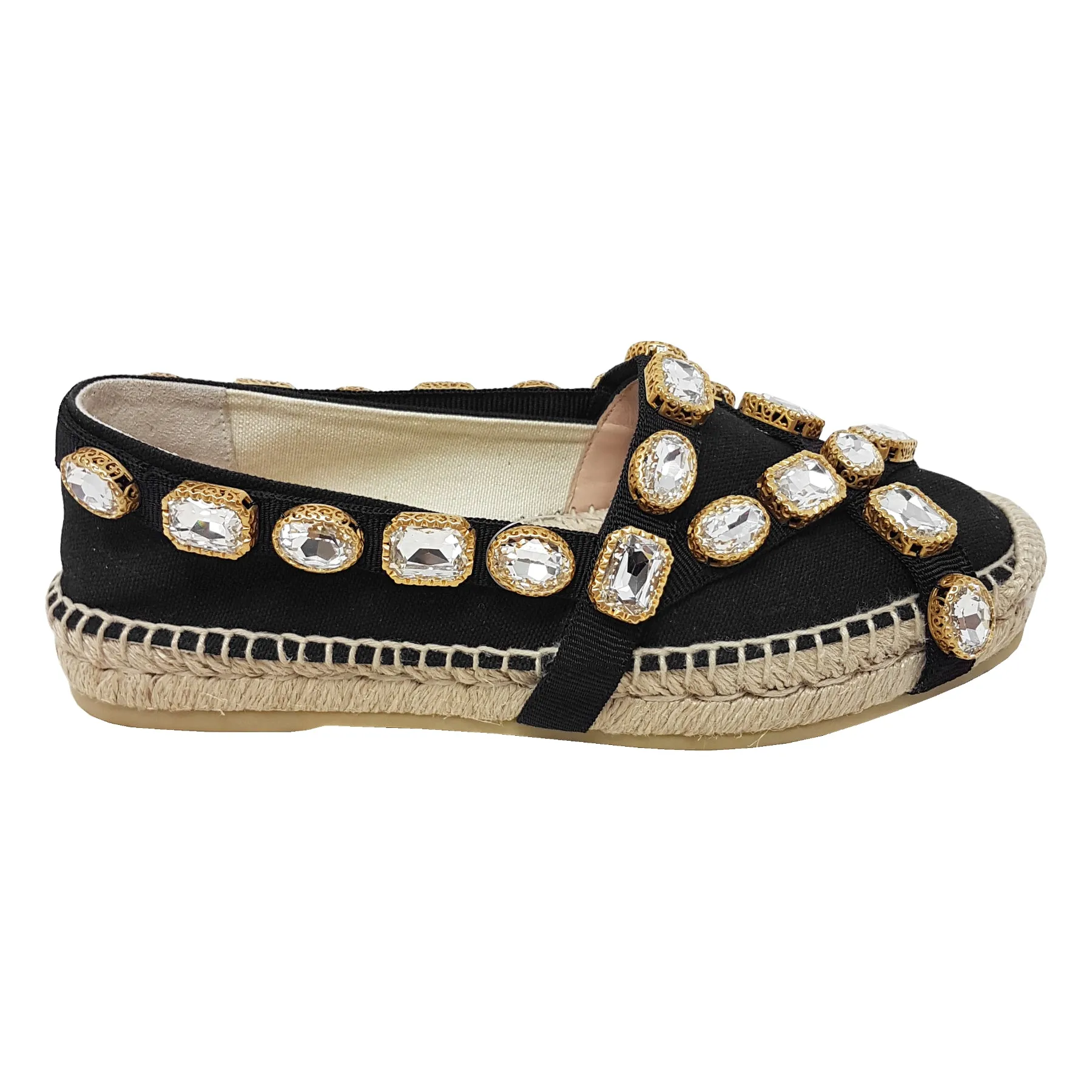 Gucci Shoes Black Fabric Crystal Embellished Round Toe Pepita Espadrille Flats Size EU 36.5