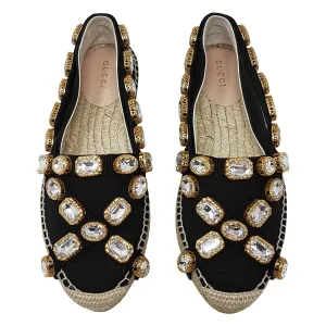 Gucci Shoes Black Fabric Crystal Embellished Round Toe Pepita Espadrille Flats Size EU 36.5