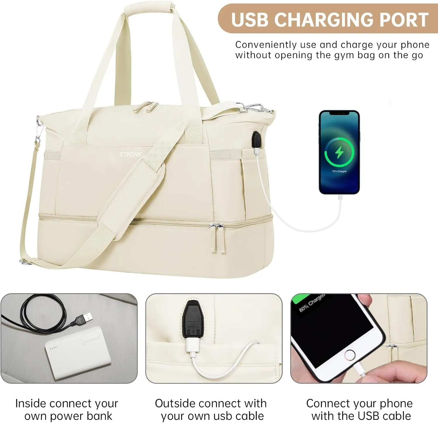 Gym Bag with Shoes Compartment and USB Charging Port, Weekend Travel Bag