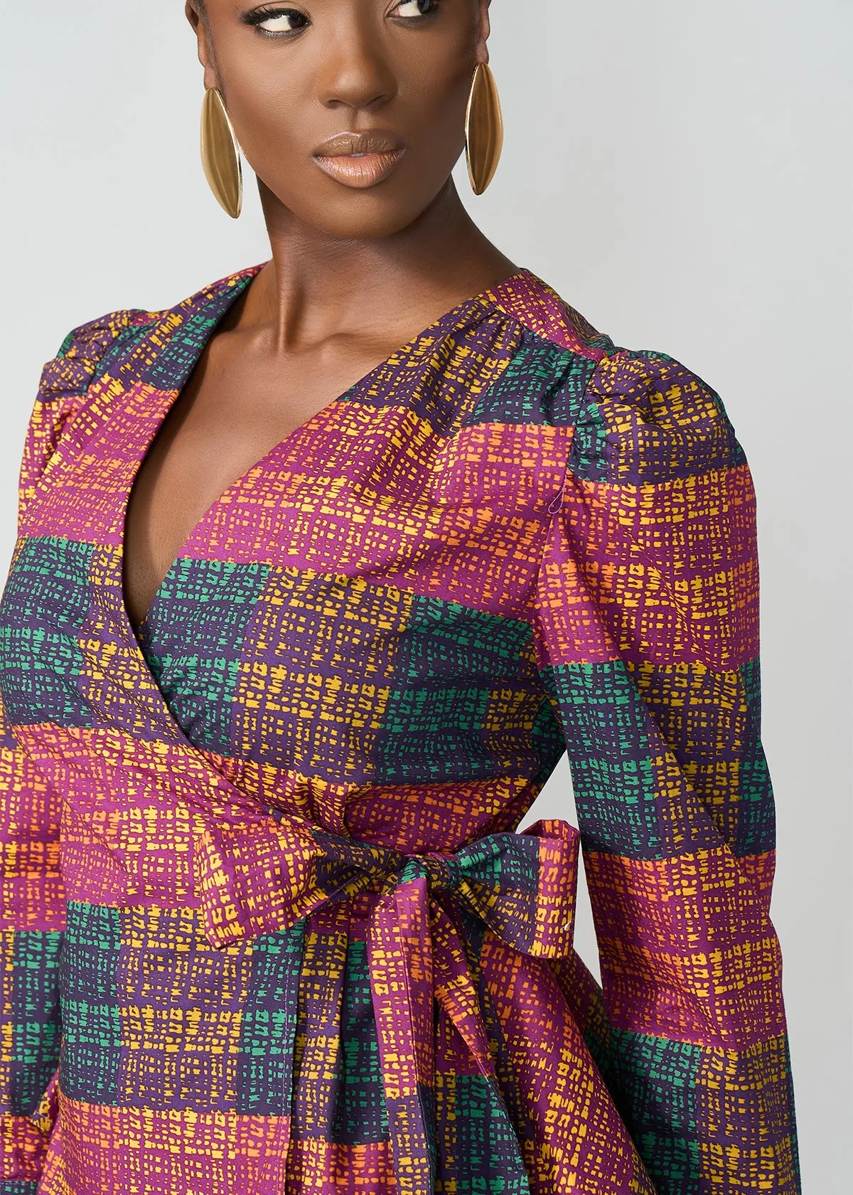 Hafeda Women's African Print Wrap Blouse (Harvest Plaid Adire)