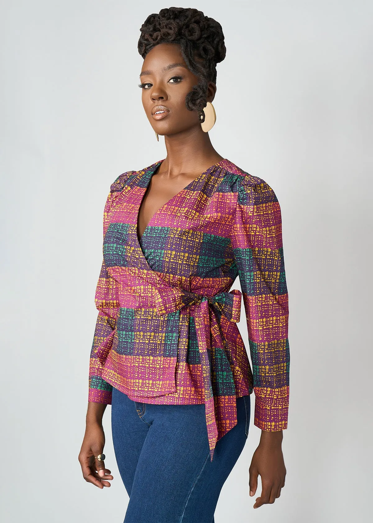 Hafeda Women's African Print Wrap Blouse (Harvest Plaid Adire)