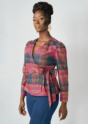 Hafeda Women's African Print Wrap Blouse (Harvest Plaid Adire)