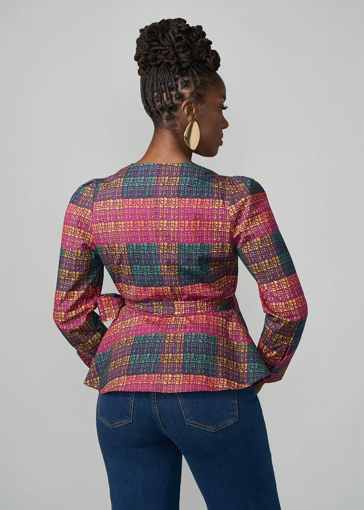 Hafeda Women's African Print Wrap Blouse (Harvest Plaid Adire)