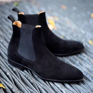 Handmade Black Suede Leather Casual Ankle Boots