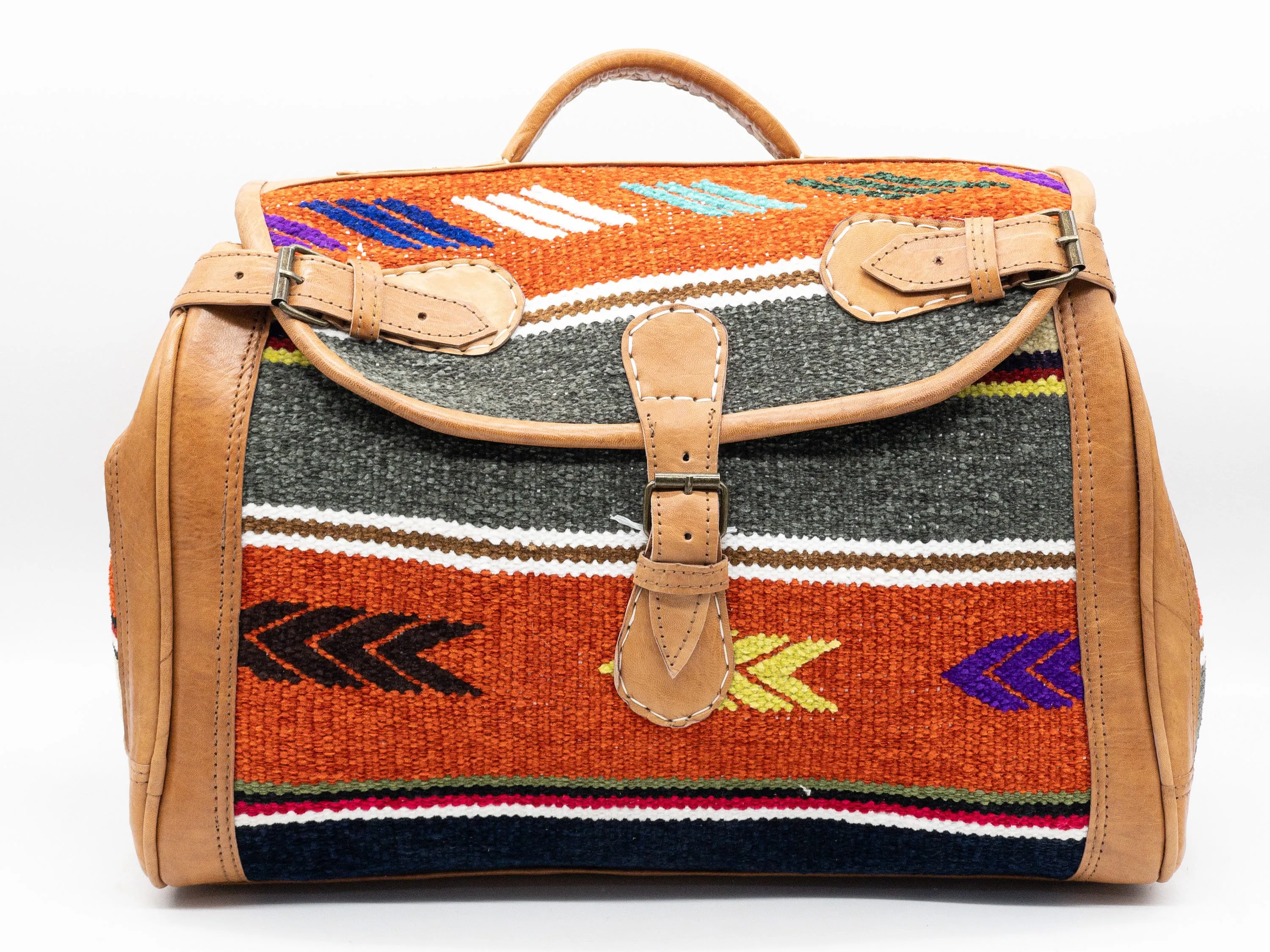 Handmade Moroccan Kilim Leather Weekender Bag - Vintage Bohemian Duffel