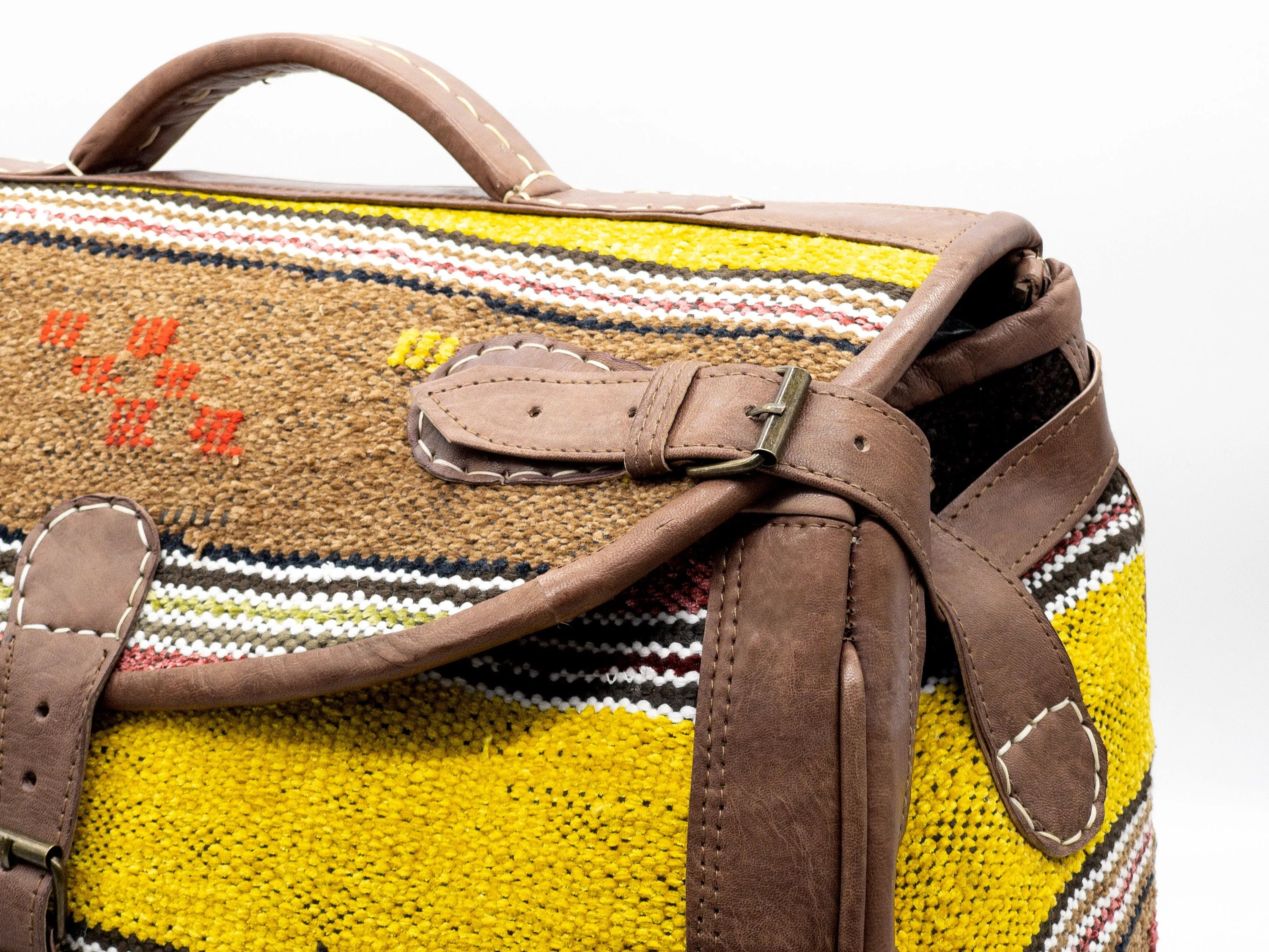 Handmade Moroccan Kilim Leather Weekender Bag - Vintage Bohemian Duffel