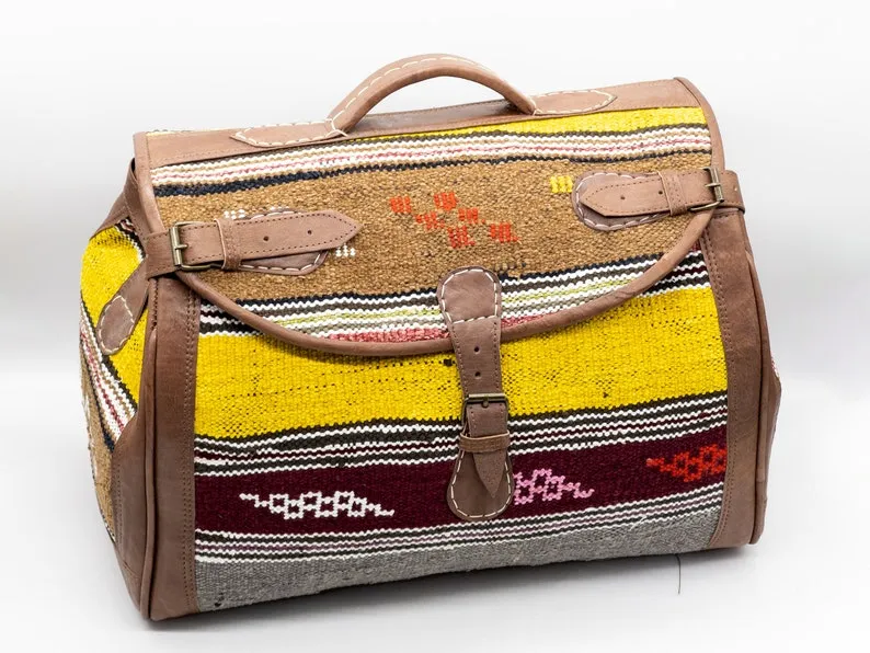 Handmade Moroccan Kilim Leather Weekender Bag - Vintage Bohemian Duffel