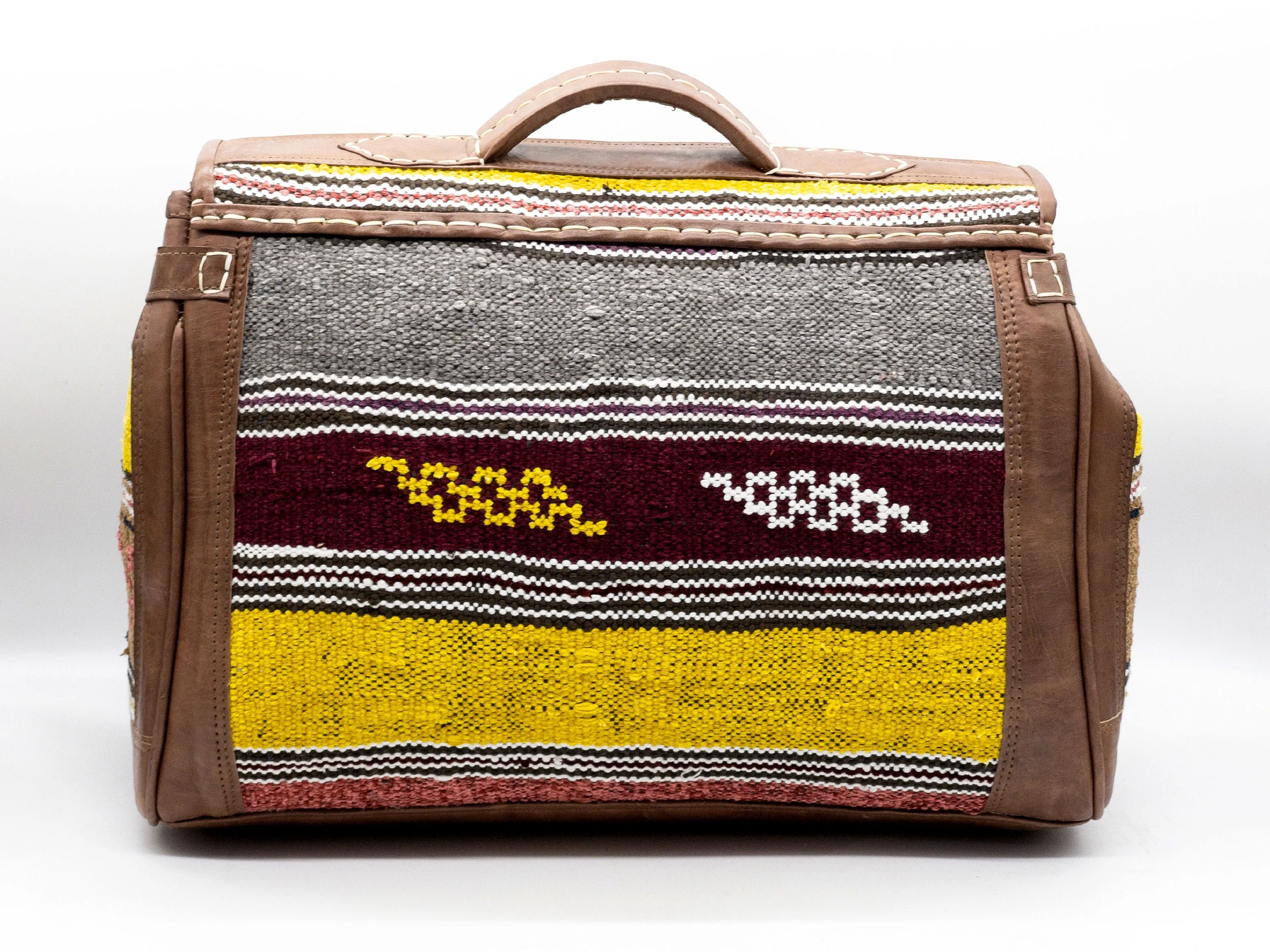 Handmade Moroccan Kilim Leather Weekender Bag - Vintage Bohemian Duffel