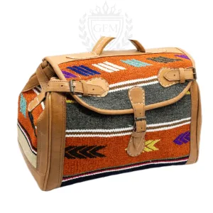Handmade Moroccan Kilim Leather Weekender Bag - Vintage Bohemian Duffel