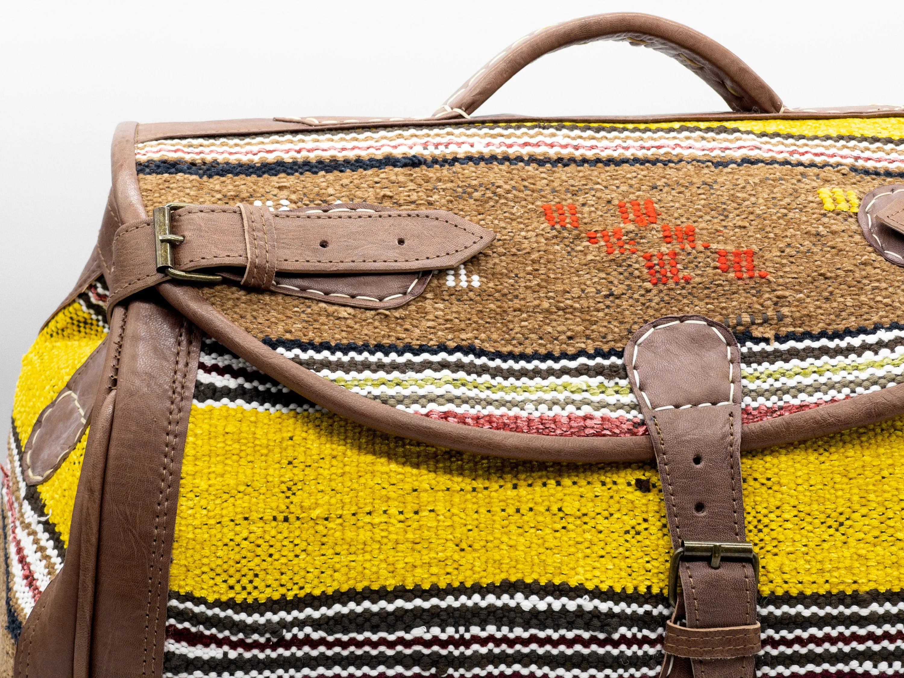 Handmade Moroccan Kilim Leather Weekender Bag - Vintage Bohemian Duffel