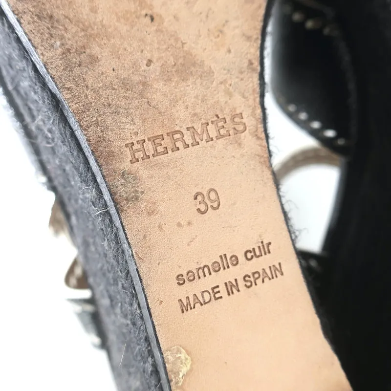 Hermes Crisscross Espadrille Wedge Sandals Black Patent Leather Size 39