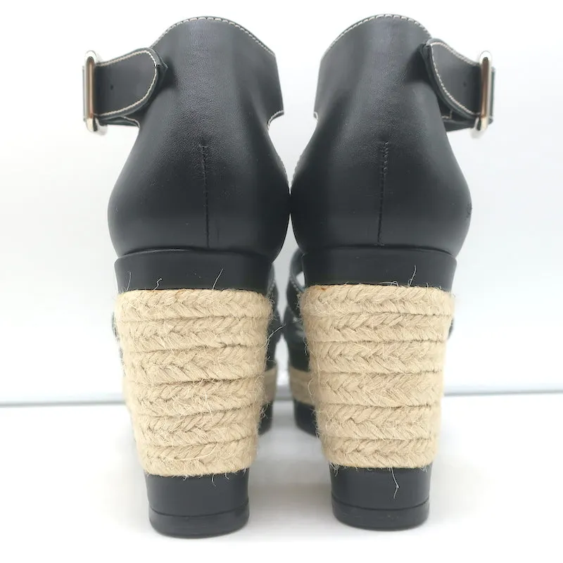 Hermes Ilana Espadrille Wedges Black Leather Size 37 Platform Sandals