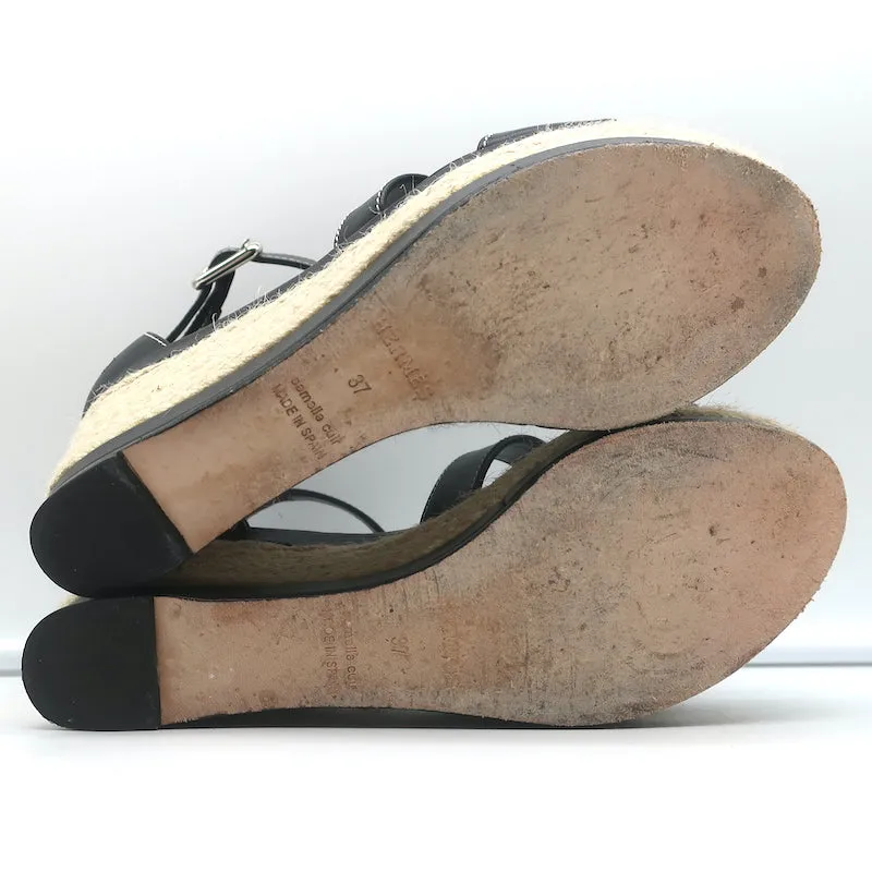 Hermes Ilana Espadrille Wedges Black Leather Size 37 Platform Sandals