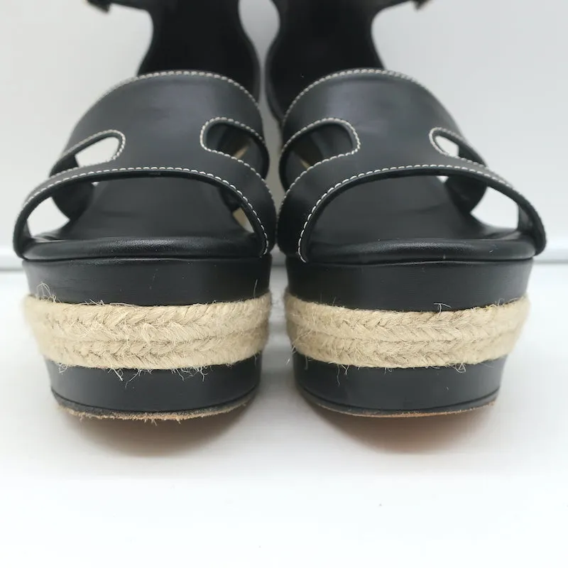 Hermes Ilana Espadrille Wedges Black Leather Size 37 Platform Sandals