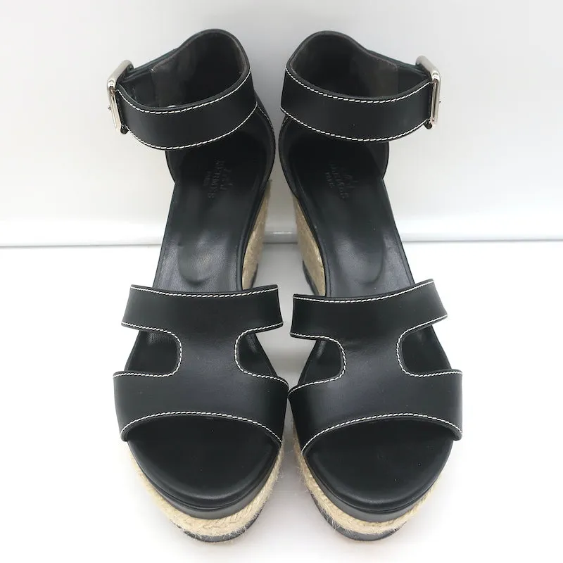 Hermes Ilana Espadrille Wedges Black Leather Size 37 Platform Sandals