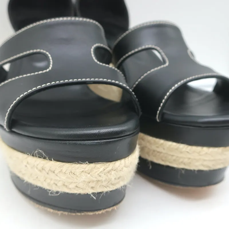 Hermes Ilana Espadrille Wedges Black Leather Size 37 Platform Sandals