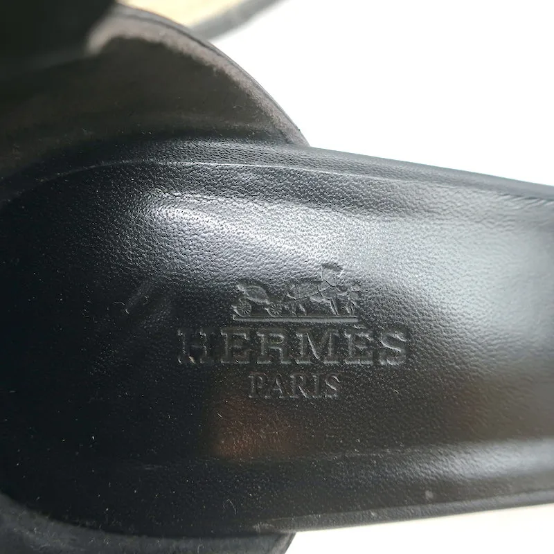 Hermes Ilana Espadrille Wedges Black Leather Size 37 Platform Sandals