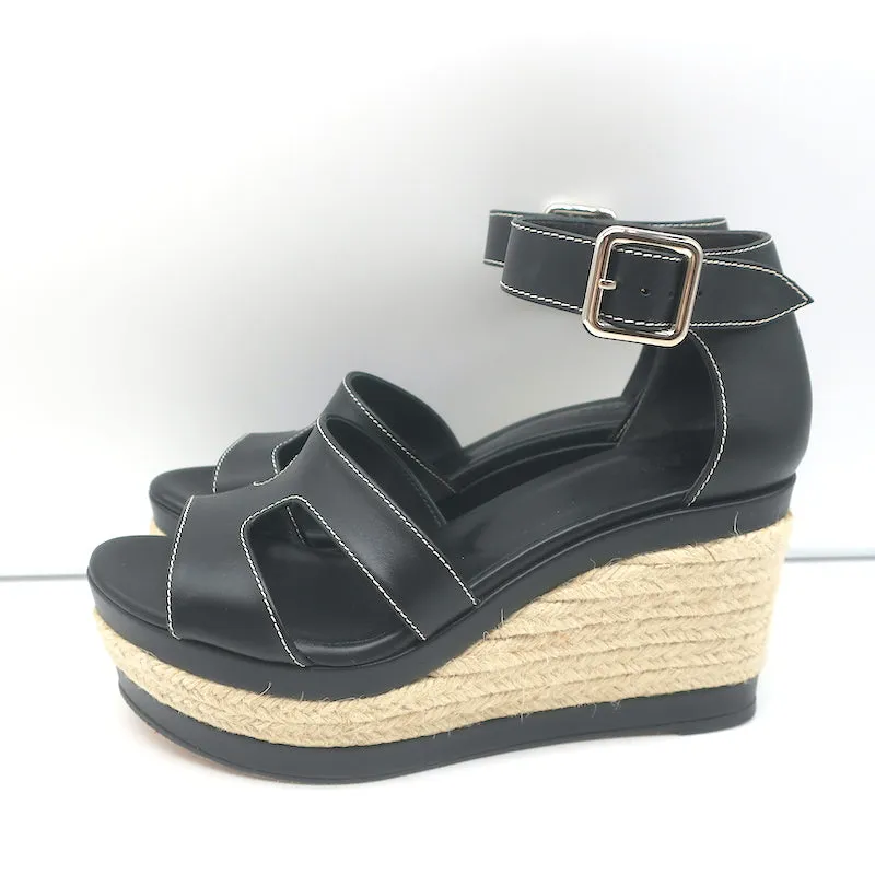 Hermes Ilana Espadrille Wedges Black Leather Size 37 Platform Sandals