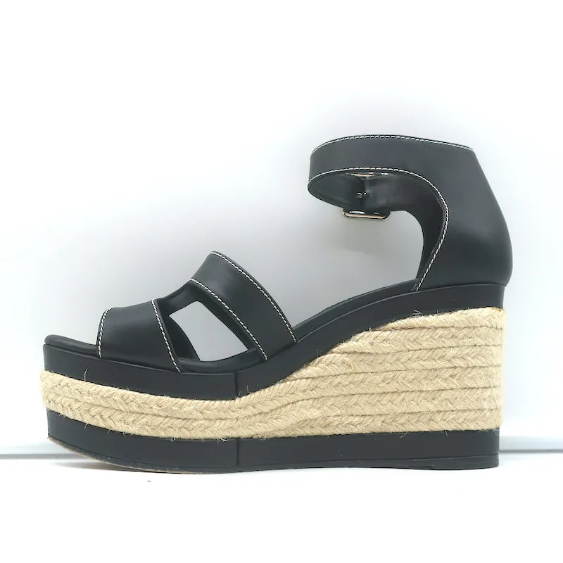 Hermes Ilana Espadrille Wedges Black Leather Size 37 Platform Sandals