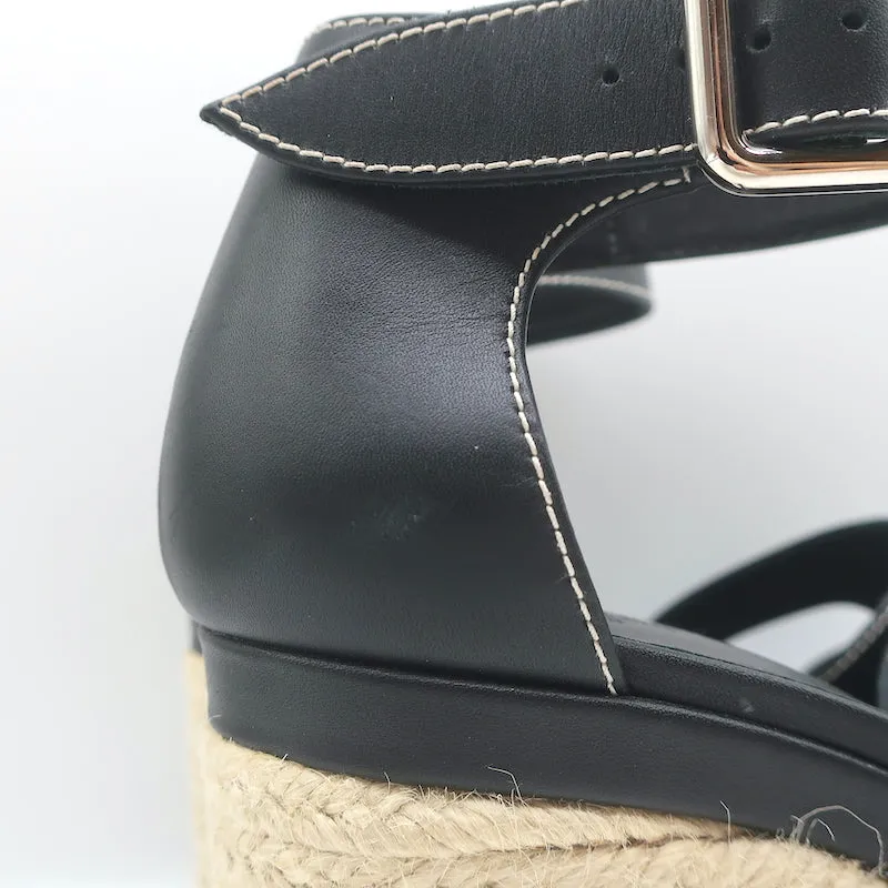Hermes Ilana Espadrille Wedges Black Leather Size 37 Platform Sandals