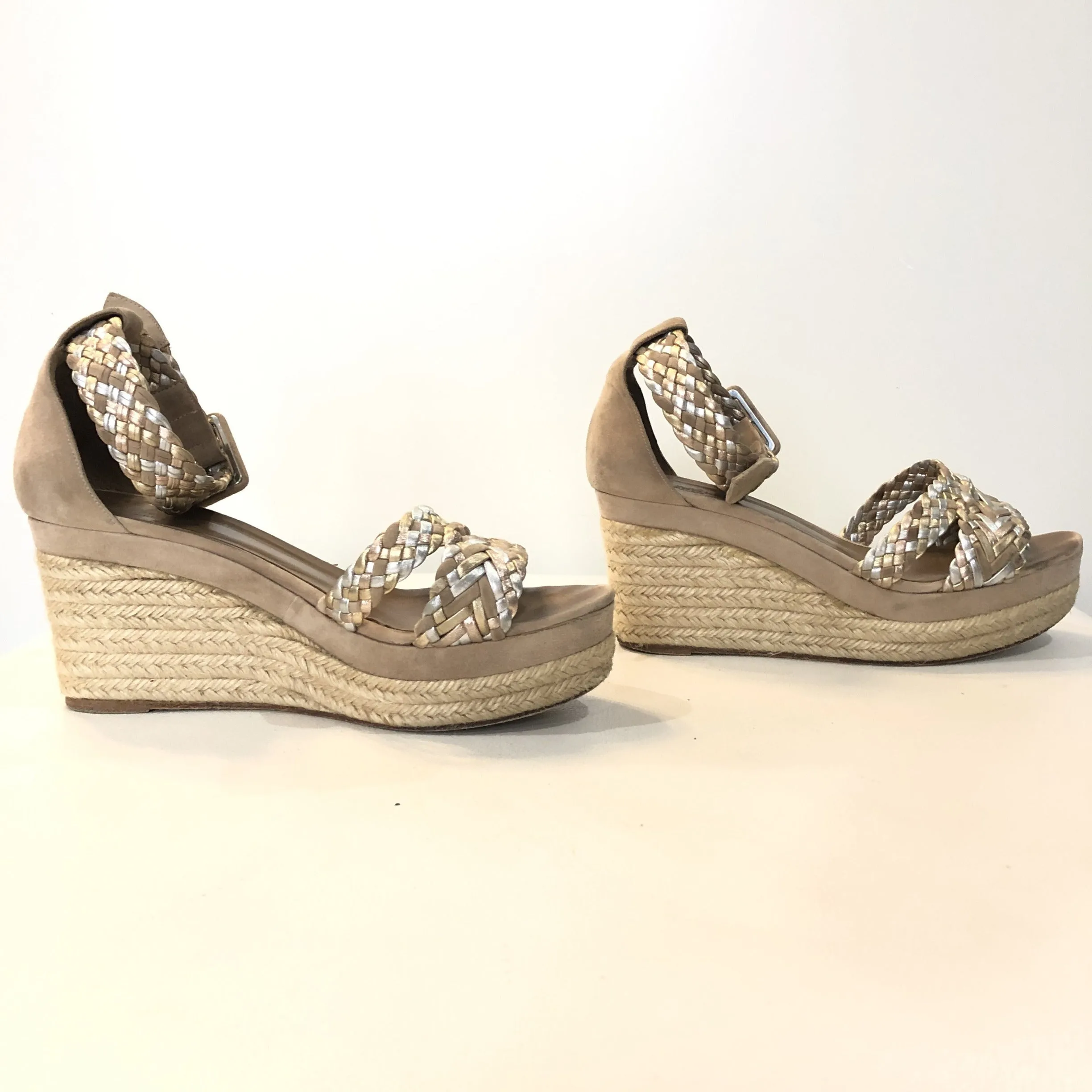 HERMÈS Taupe Suede & Metallic Braided Strap Ines Espadrille Wedges Size 37 (7)