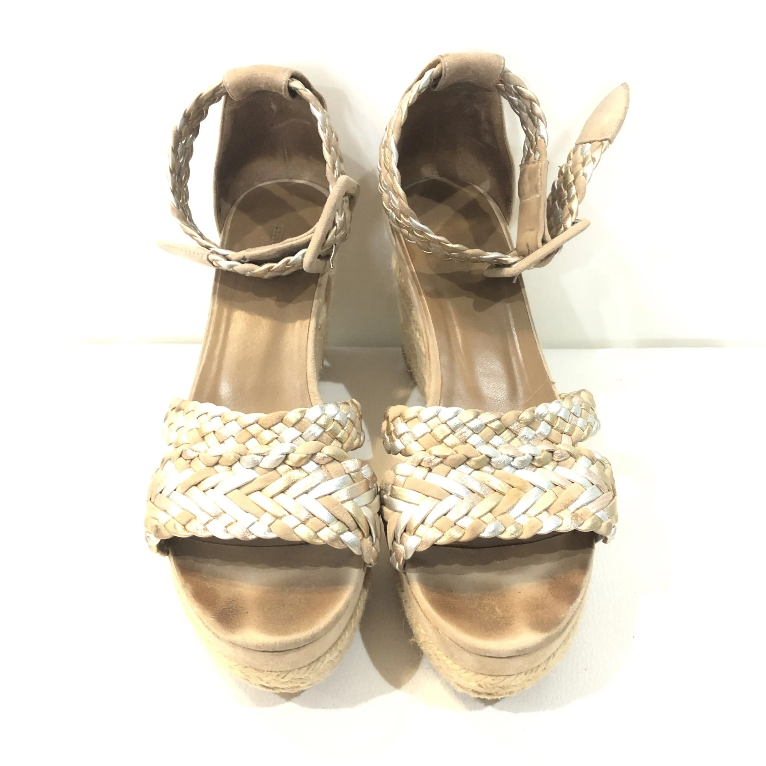 HERMÈS Taupe Suede & Metallic Braided Strap Ines Espadrille Wedges Size 37 (7)