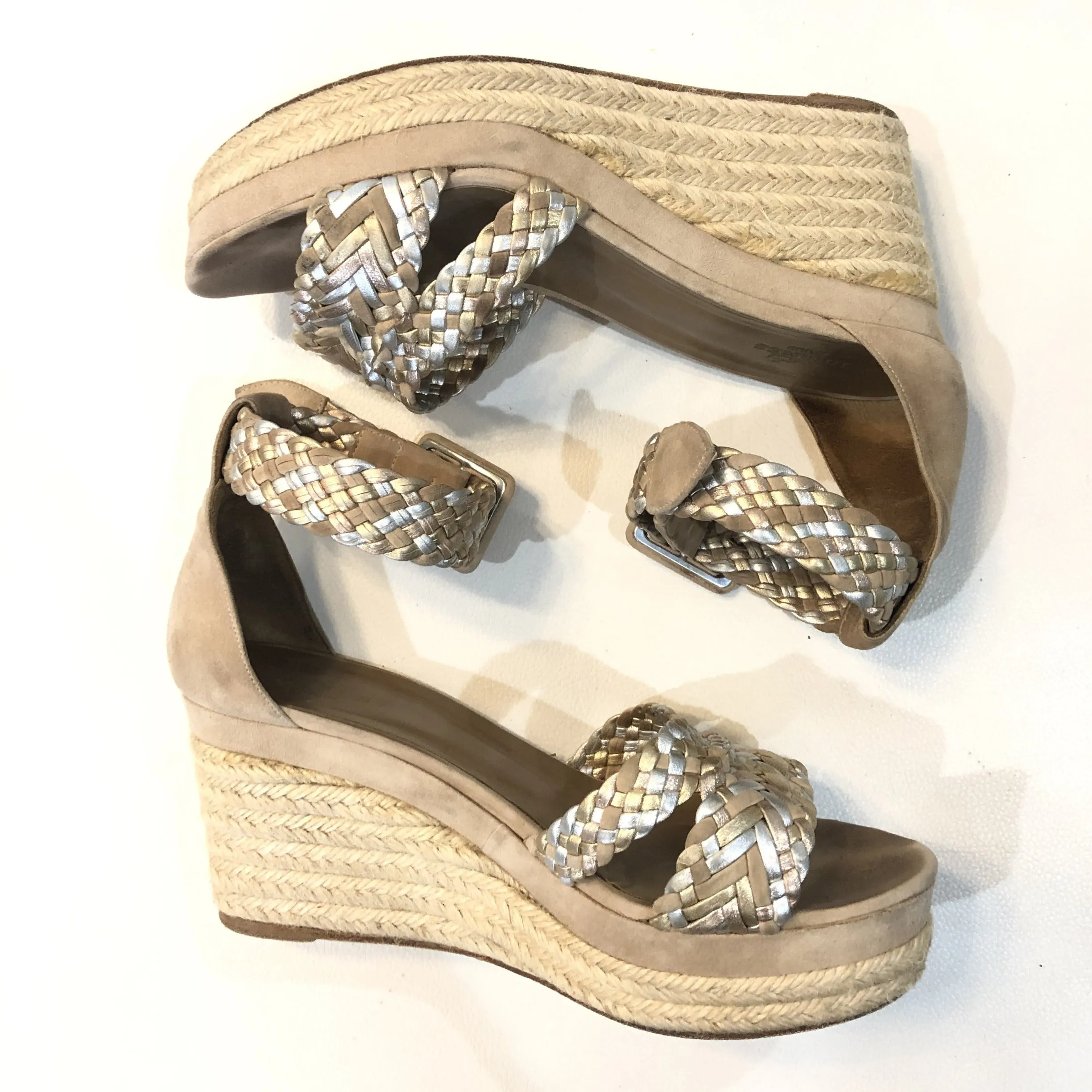 HERMÈS Taupe Suede & Metallic Braided Strap Ines Espadrille Wedges Size 37 (7)