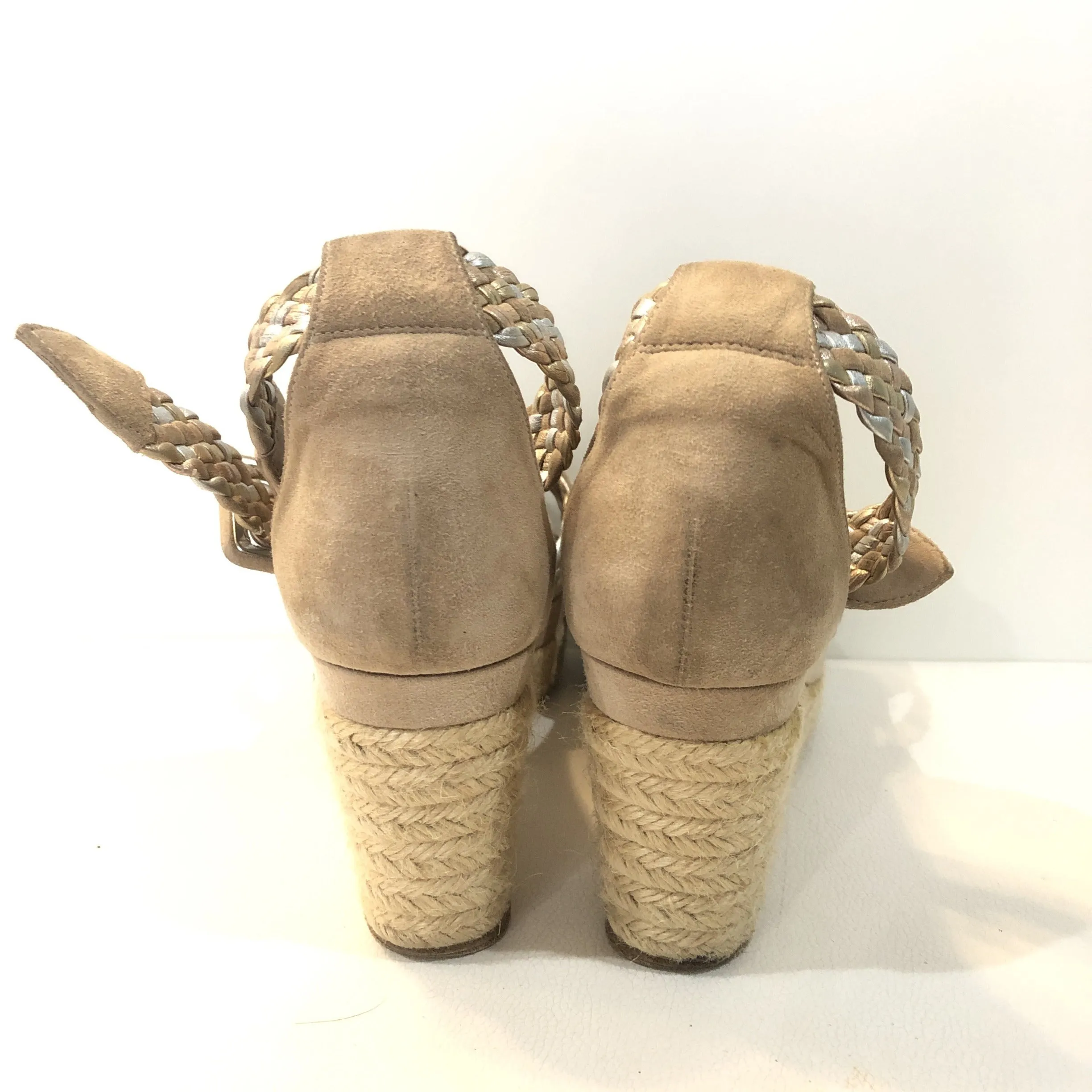 HERMÈS Taupe Suede & Metallic Braided Strap Ines Espadrille Wedges Size 37 (7)