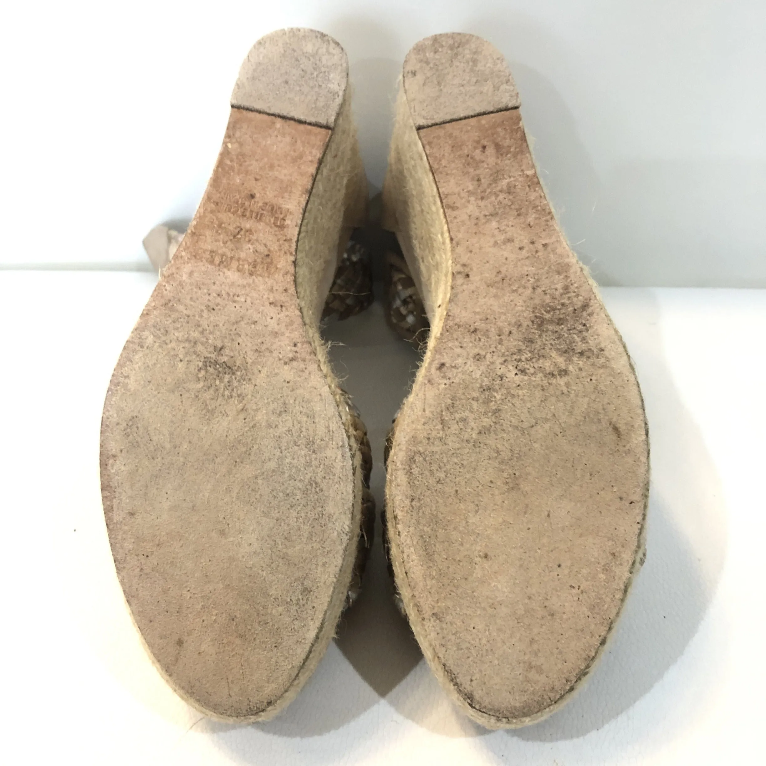 HERMÈS Taupe Suede & Metallic Braided Strap Ines Espadrille Wedges Size 37 (7)