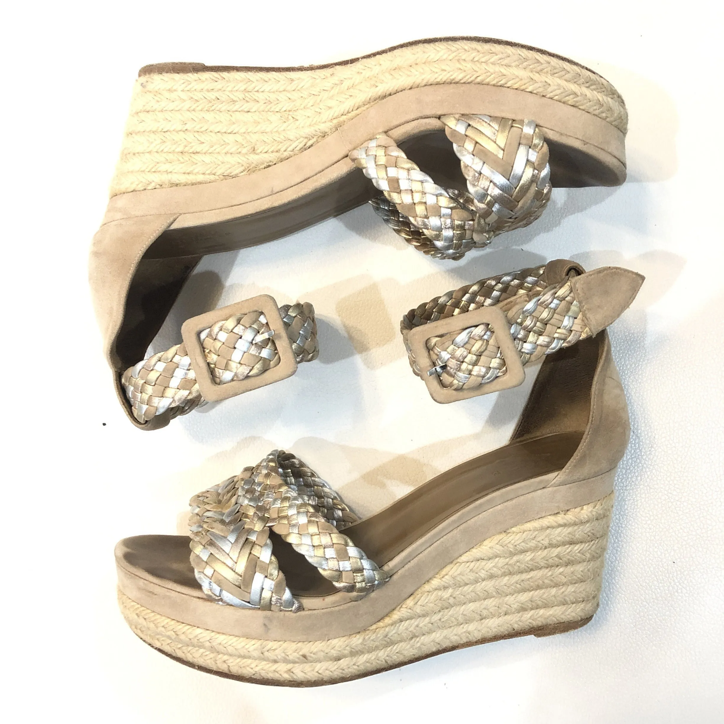 HERMÈS Taupe Suede & Metallic Braided Strap Ines Espadrille Wedges Size 37 (7)