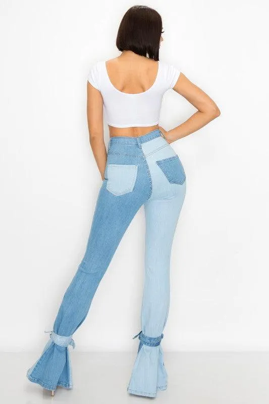 HIGH RISE TWO TONED PANEL SKINNY JEANS W/ TIED FLARED LEG O