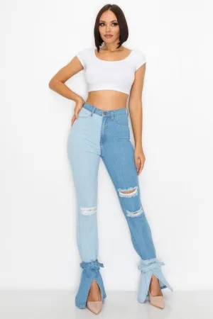 HIGH RISE TWO TONED PANEL SKINNY JEANS W/ TIED FLARED LEG O