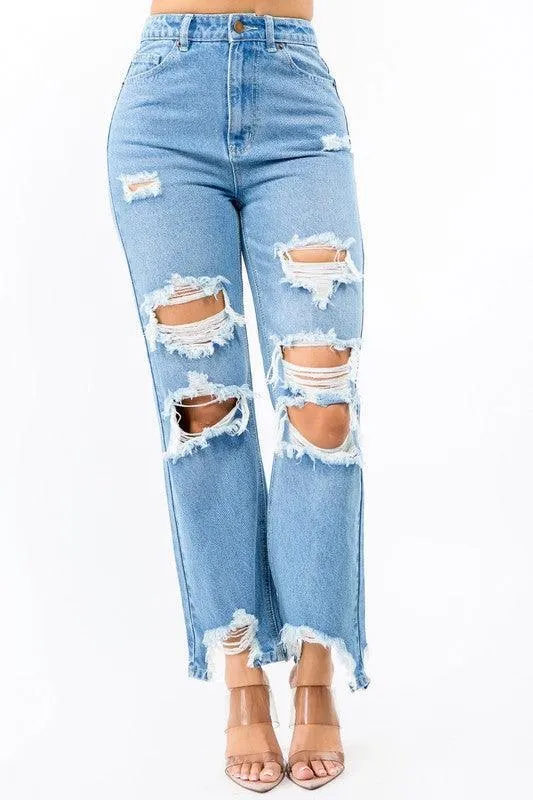HIGH WAIST DISTRESSED WIDE LEG JEANS
