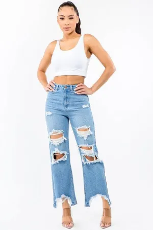 HIGH WAIST DISTRESSED WIDE LEG JEANS