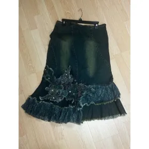 Jean Denim Fairy embroidery Lace Applique Skirt