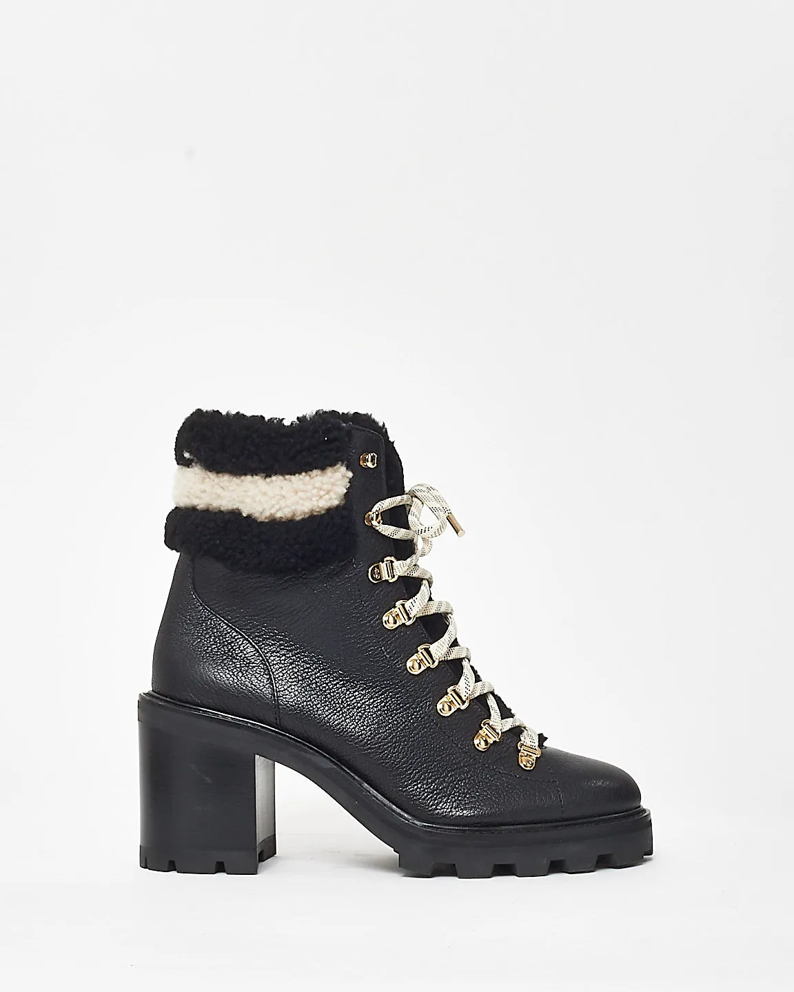 Jimmy Choo Black Leather & Shearling Lace Up Combat Boots - 41