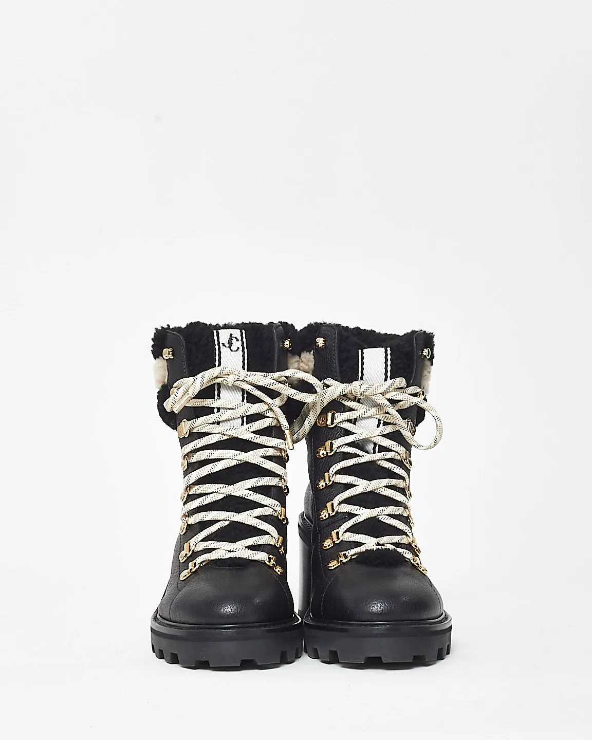 Jimmy Choo Black Leather & Shearling Lace Up Combat Boots - 41
