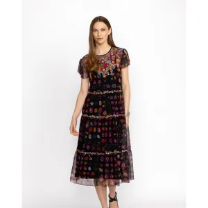 Johnny Was Rheia Tiered Mesh Slip Black Embroidery Short Sleeve Dress Medium New