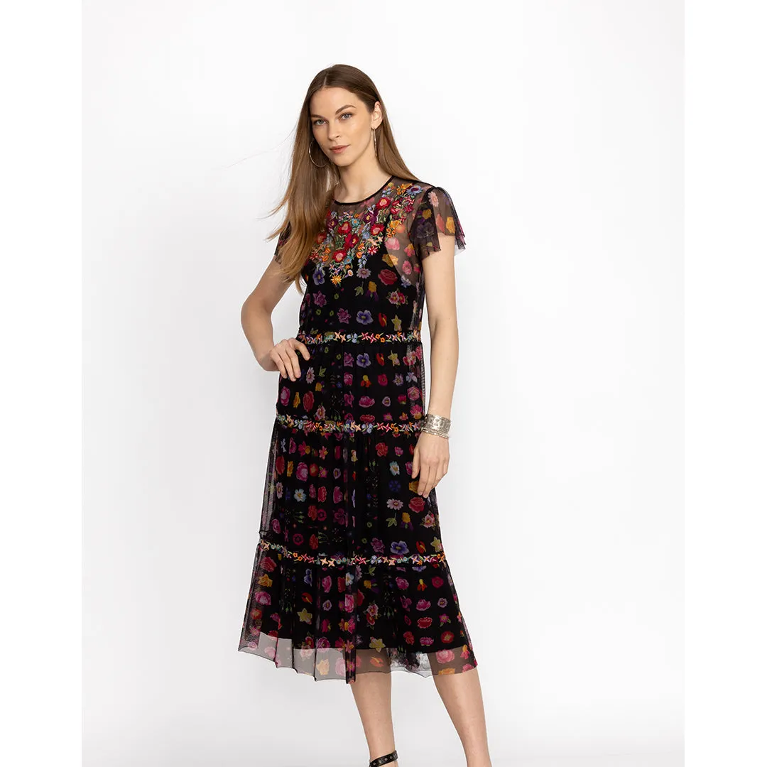 Johnny Was Rheia Tiered Mesh Slip Black Embroidery Short Sleeve Dress Medium New