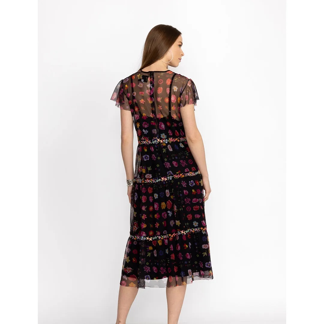 Johnny Was Rheia Tiered Mesh Slip Black Embroidery Short Sleeve Dress Medium New