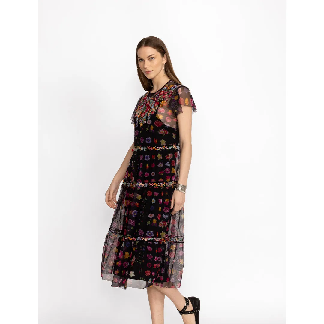 Johnny Was Rheia Tiered Mesh Slip Black Embroidery Short Sleeve Dress Medium New