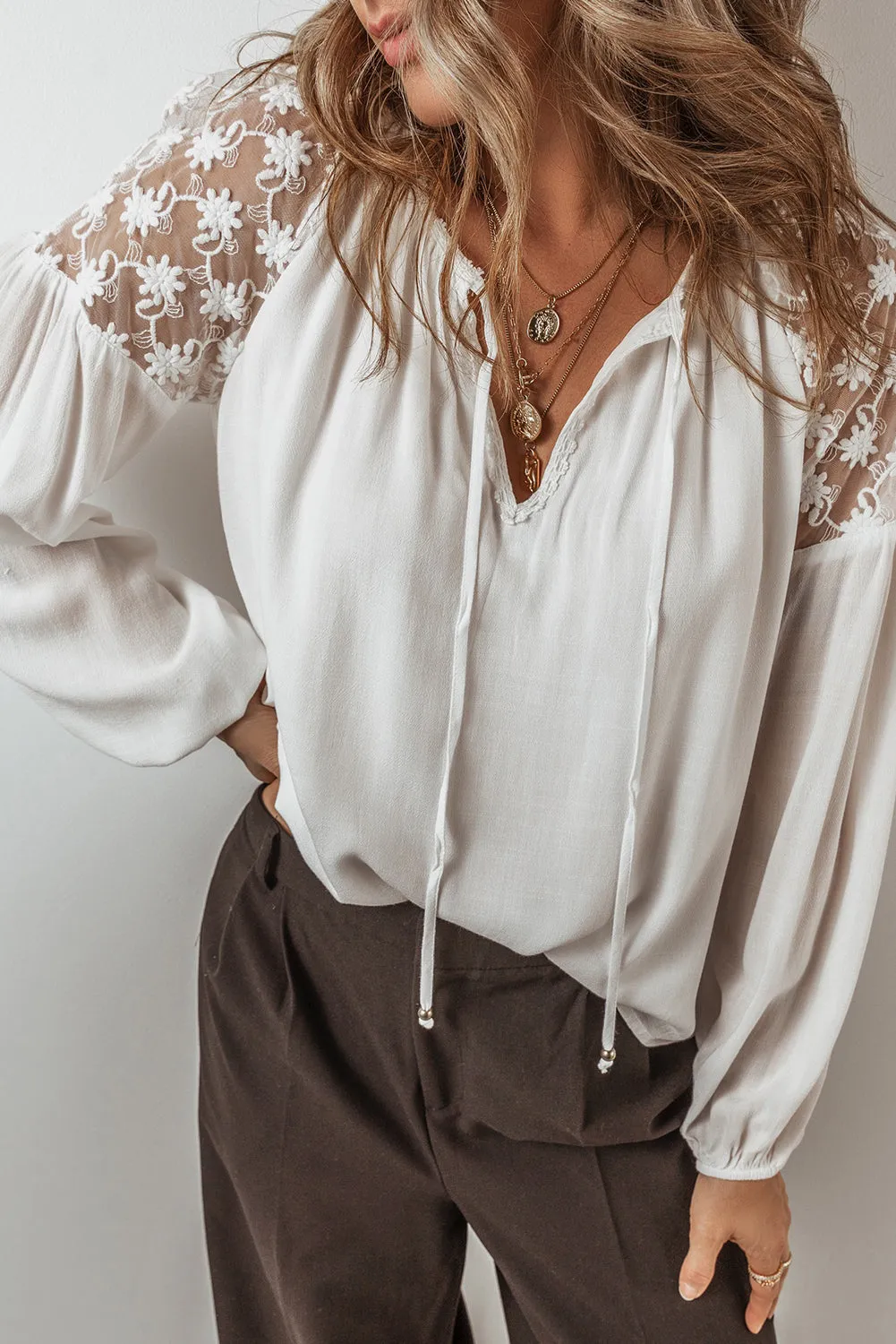 KaleaBoutique Floral Lace Patchwork Puff Sleeve Tied V Neck Blouse
