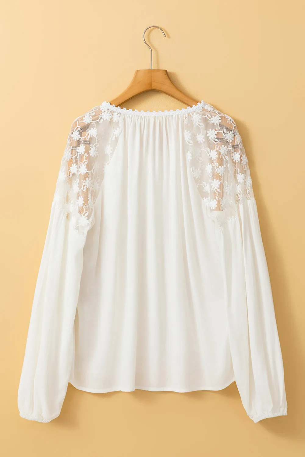 KaleaBoutique Floral Lace Patchwork Puff Sleeve Tied V Neck Blouse