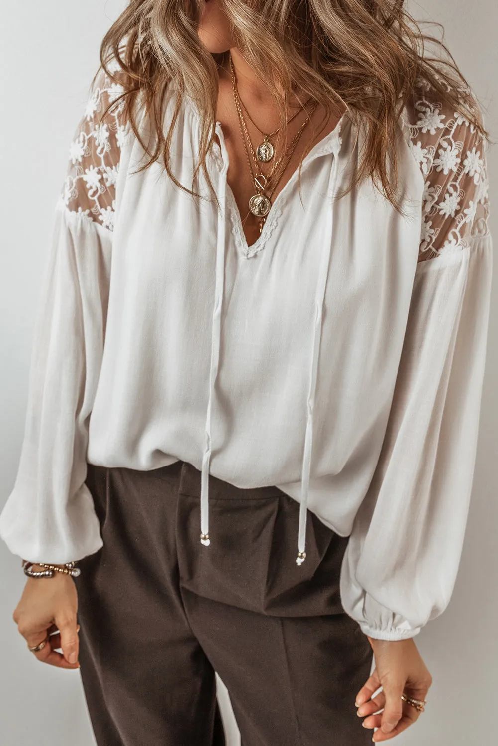 KaleaBoutique Floral Lace Patchwork Puff Sleeve Tied V Neck Blouse