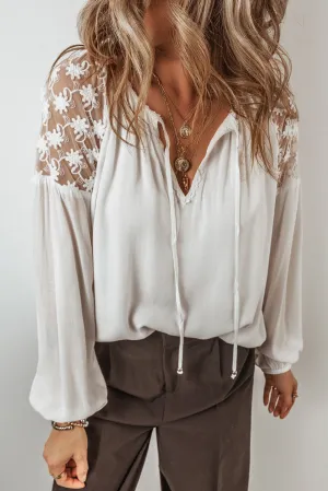 KaleaBoutique Floral Lace Patchwork Puff Sleeve Tied V Neck Blouse