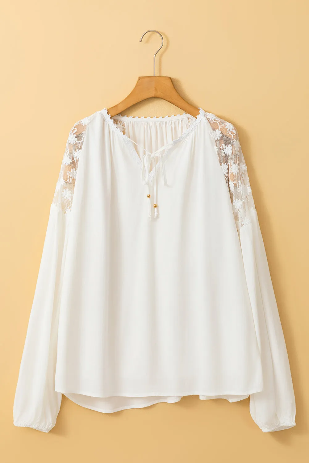 KaleaBoutique Floral Lace Patchwork Puff Sleeve Tied V Neck Blouse