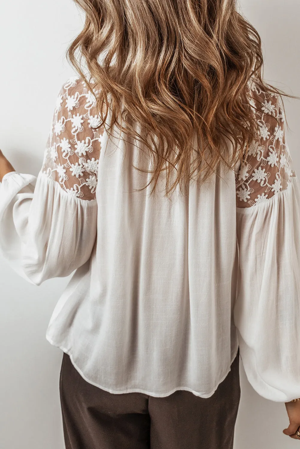 KaleaBoutique Floral Lace Patchwork Puff Sleeve Tied V Neck Blouse